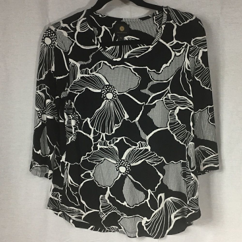JM Collections Petite Small black white floral scoop neck long sleeved stretchy